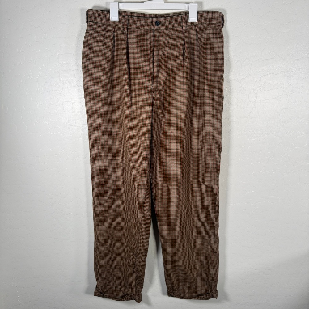 J. Crew Oarsman Pants Mens 38 Brown Houndstooth Wool Pleated Dress Pants Vintage